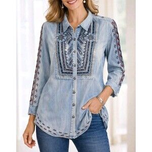 Tasha Polizzi Women's Embroidered Denim Western Shirt Turquoise Buttons Size L